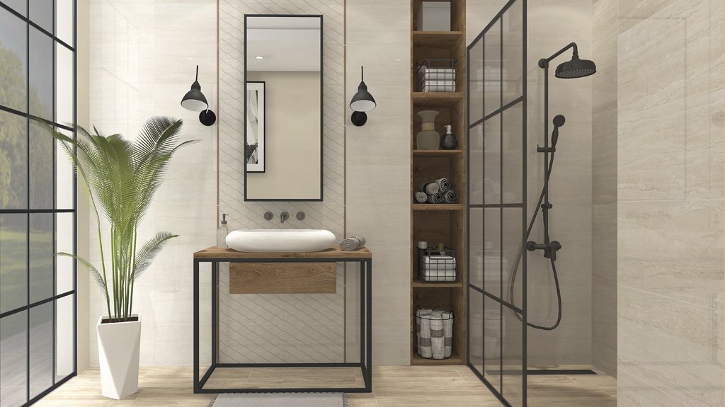 #Koupelna #travertin #Klasický styl #béžová #šedá #Střední formát #Lesklý obklad #500 - 700 Kč/m2